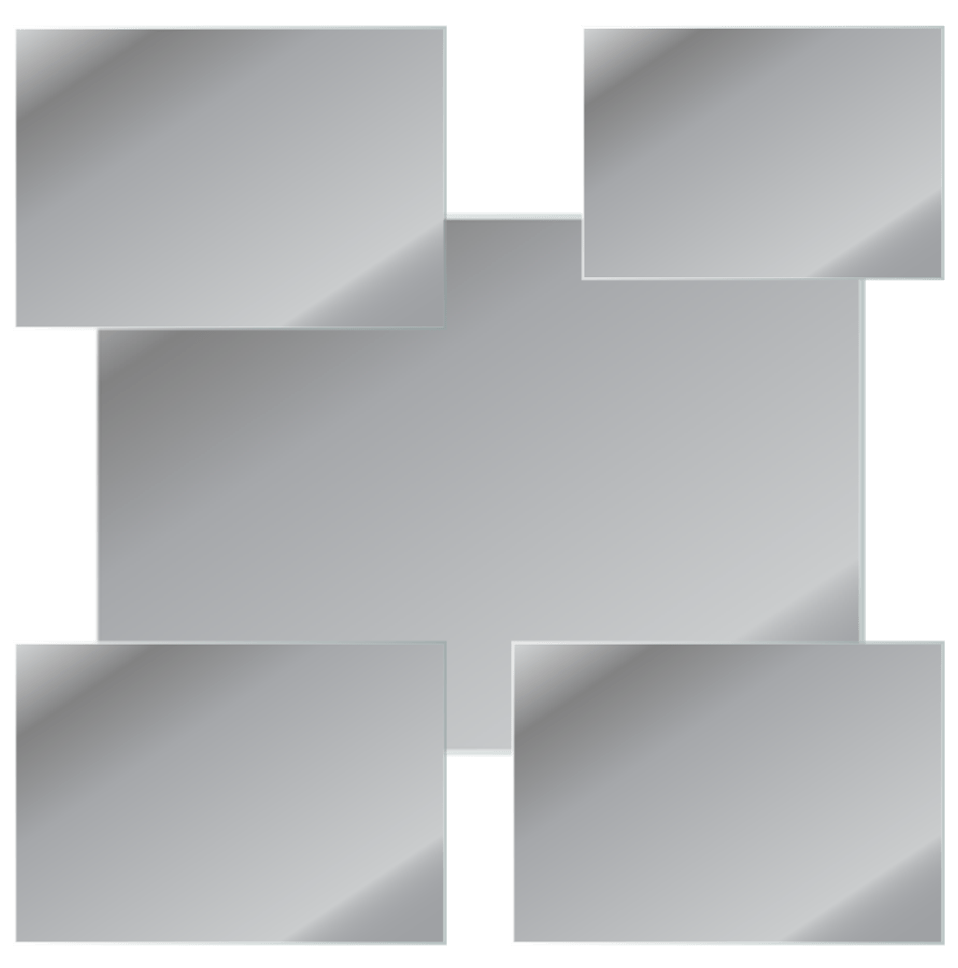 Five silver-framed rectangular panels arranged around a central larger panel. Ideal for showcasing images or content in a gallery format.