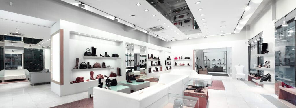 A modern shoe store featuring sleek white decor, glass displays of various shoes and handbags, and comfortable seating areas for shoppers.